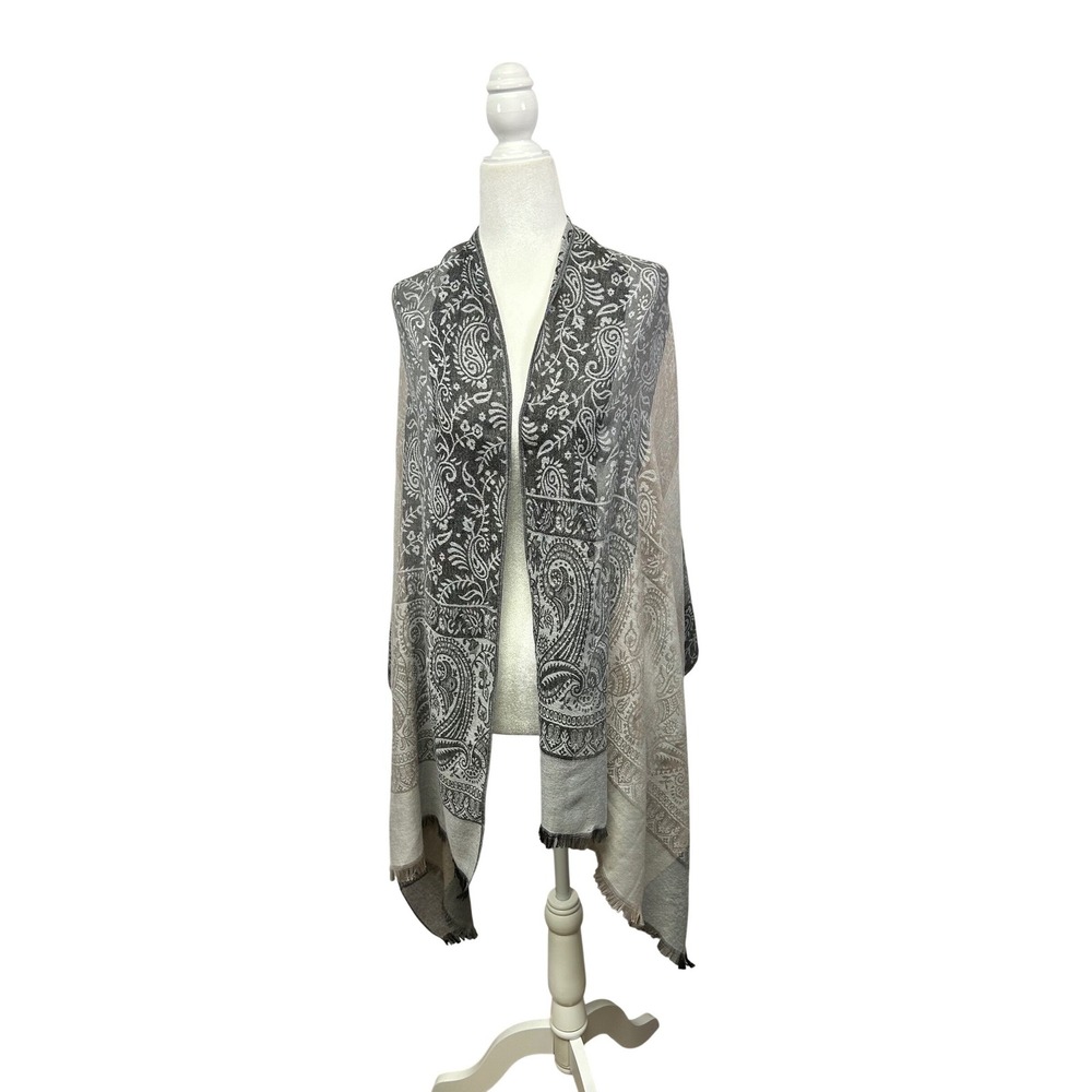 Classic Neutral Womens OS Grey‎ Taupe Paisley Floral Fringe Pashmina Shawl Wrap